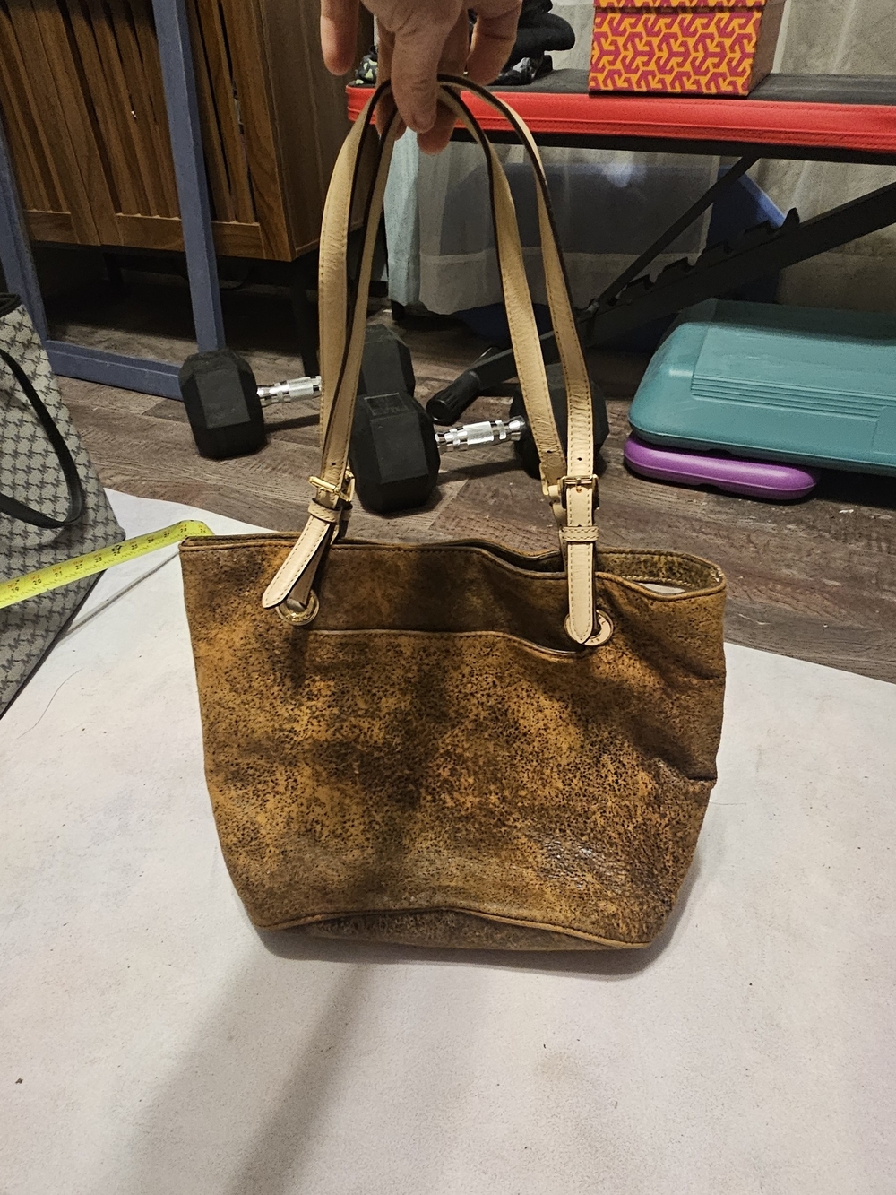 Michael Kors Distressed Brown Suede Shoulder Tote with Tan Straps